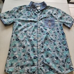 Disney Men's Teal and Navy Floral Button Down Shirt